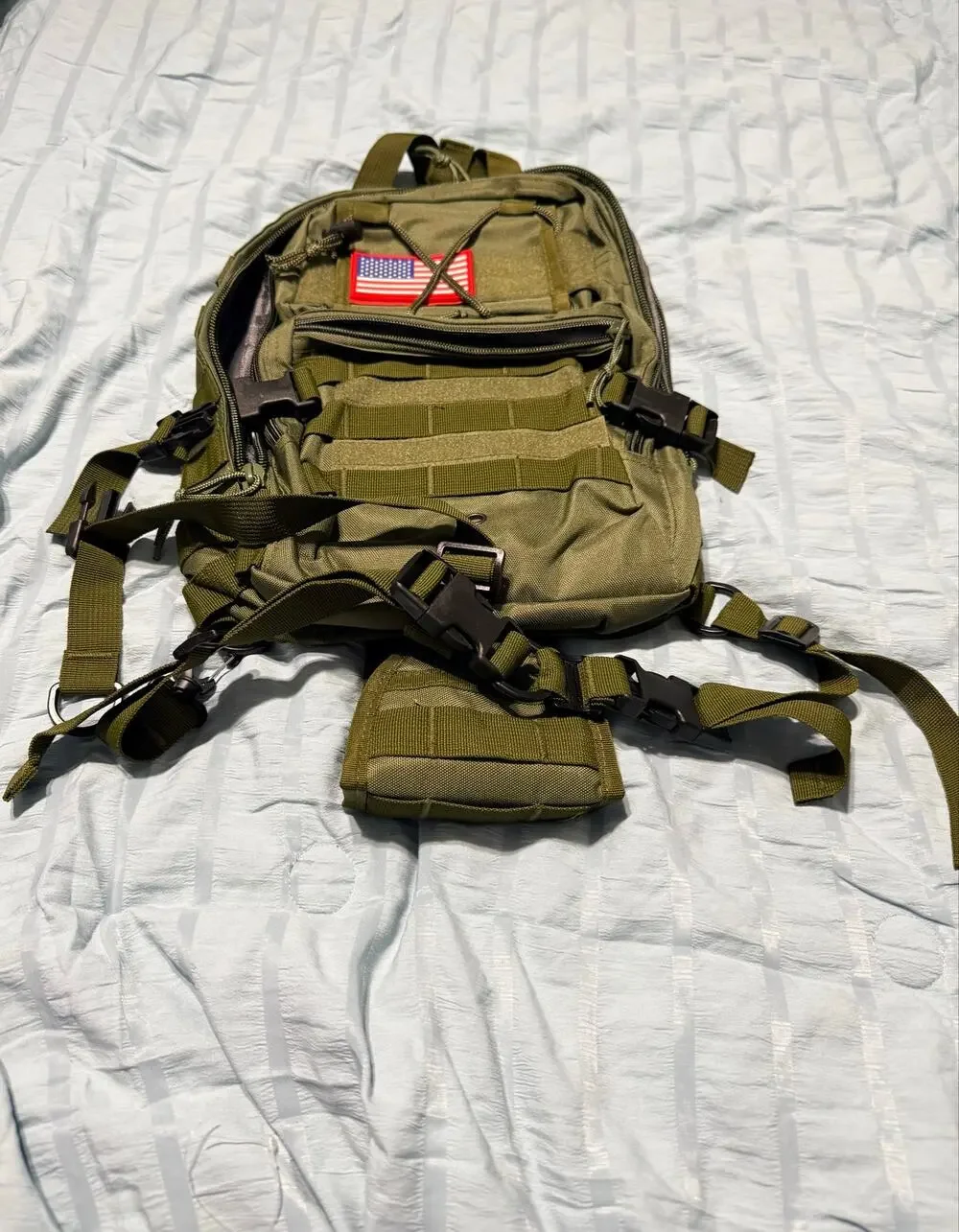 Olive green tactical sling bag, American flag patch, MOLLE webbing,New No Tags